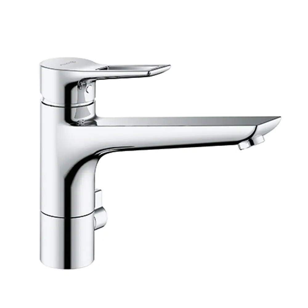 Ein Kludi Wasserhahn mit Bügelhebel in chrom. Der Wasserhahn hat eine moderne Form und ist für eine Niederdruckanlage geeignet.
